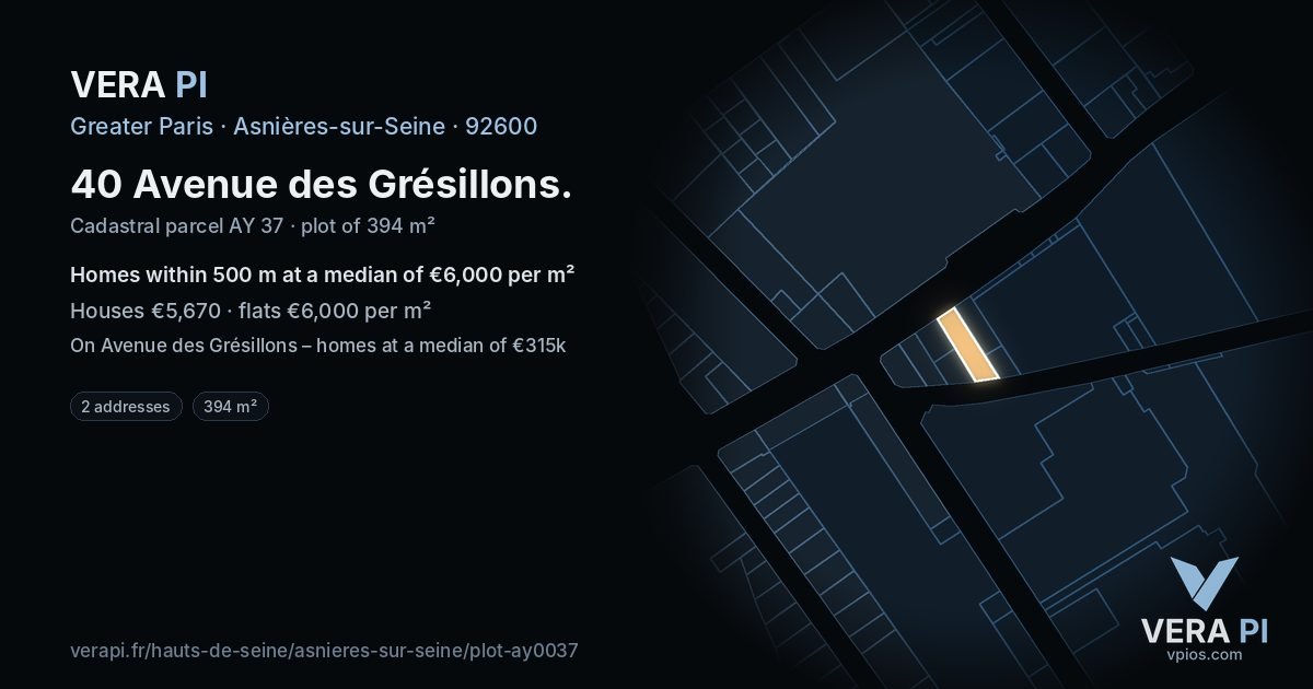 40 Avenue des Grésillons, Asnières-sur-Seine at night – the plot lit, the parcels around coloured by the prices near them