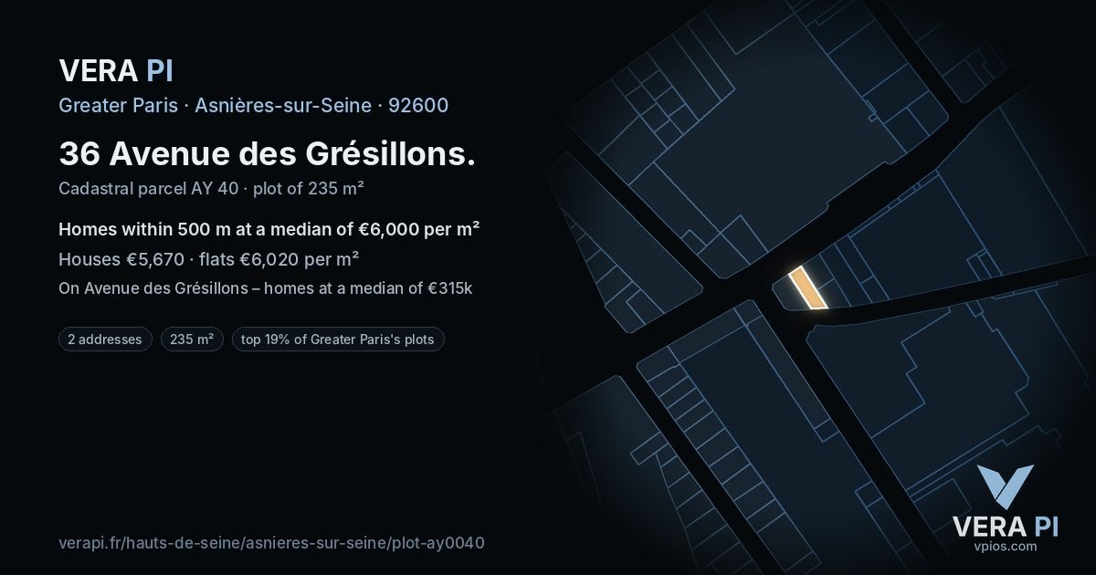 36 Avenue des Grésillons, Asnières-sur-Seine at night – the plot lit, the parcels around coloured by the prices near them