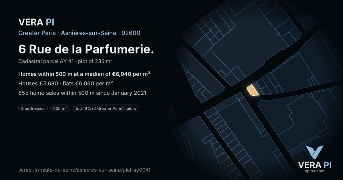 6 Rue de la Parfumerie, Asnières-sur-Seine at night – the plot lit, the parcels around coloured by the prices near them