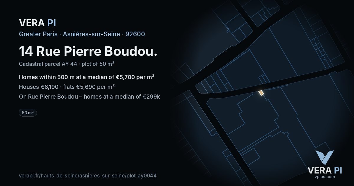 14 Rue Pierre Boudou, Asnières-sur-Seine at night – the plot lit, the parcels around coloured by the prices near them