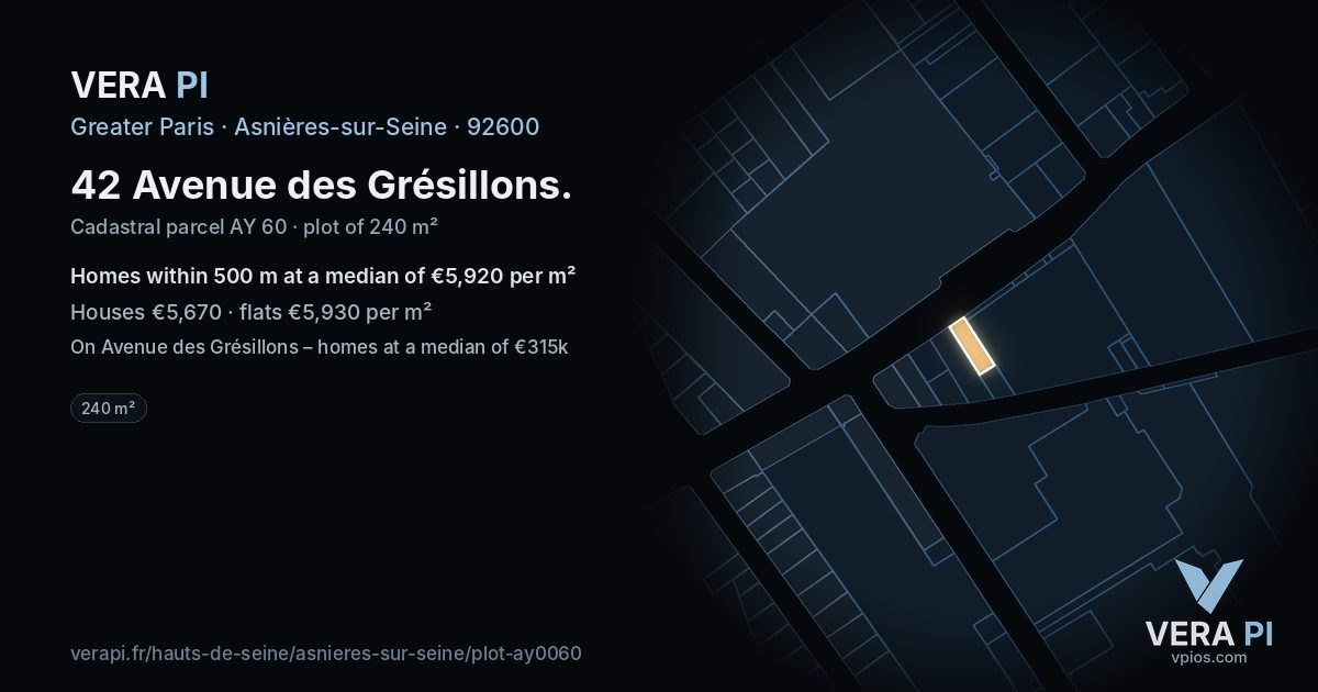 42 Avenue des Grésillons, Asnières-sur-Seine at night – the plot lit, the parcels around coloured by the prices near them