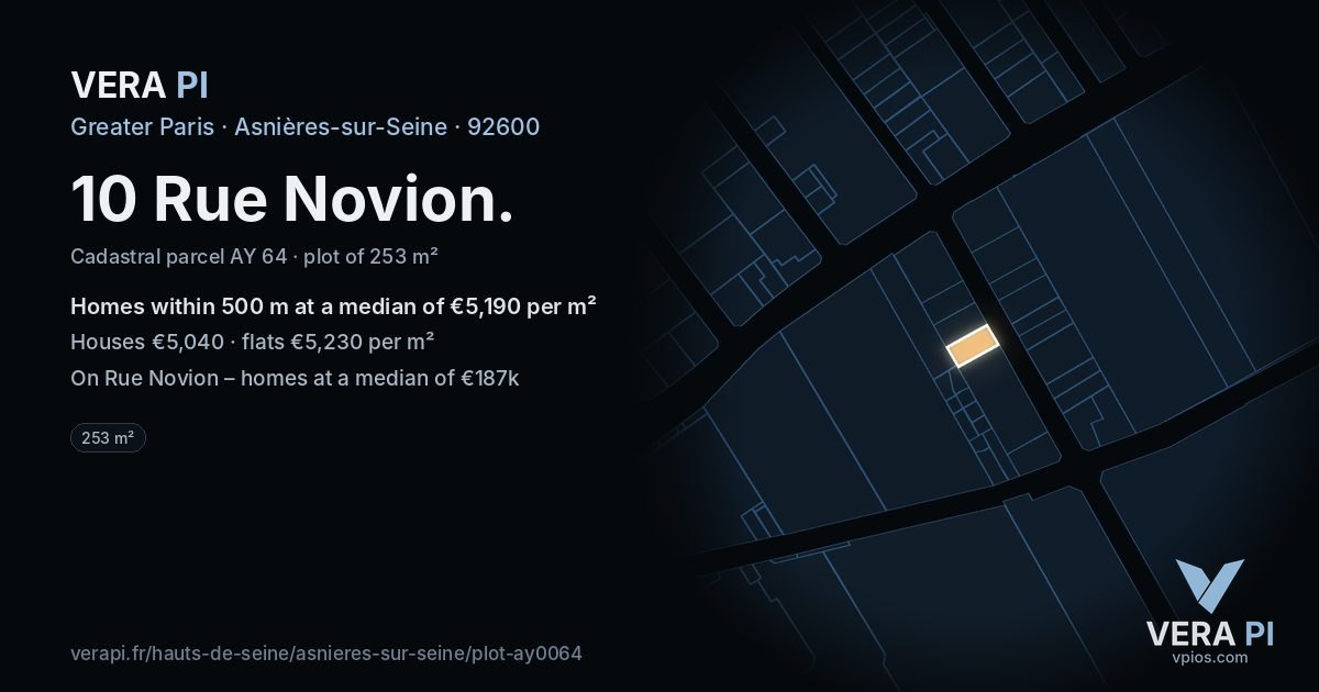 10 Rue Novion, Asnières-sur-Seine at night – the plot lit, the parcels around coloured by the prices near them