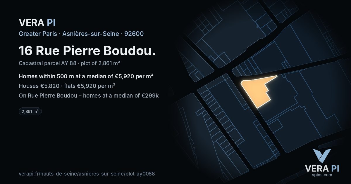 16 Rue Pierre Boudou, Asnières-sur-Seine at night – the plot lit, the parcels around coloured by the prices near them
