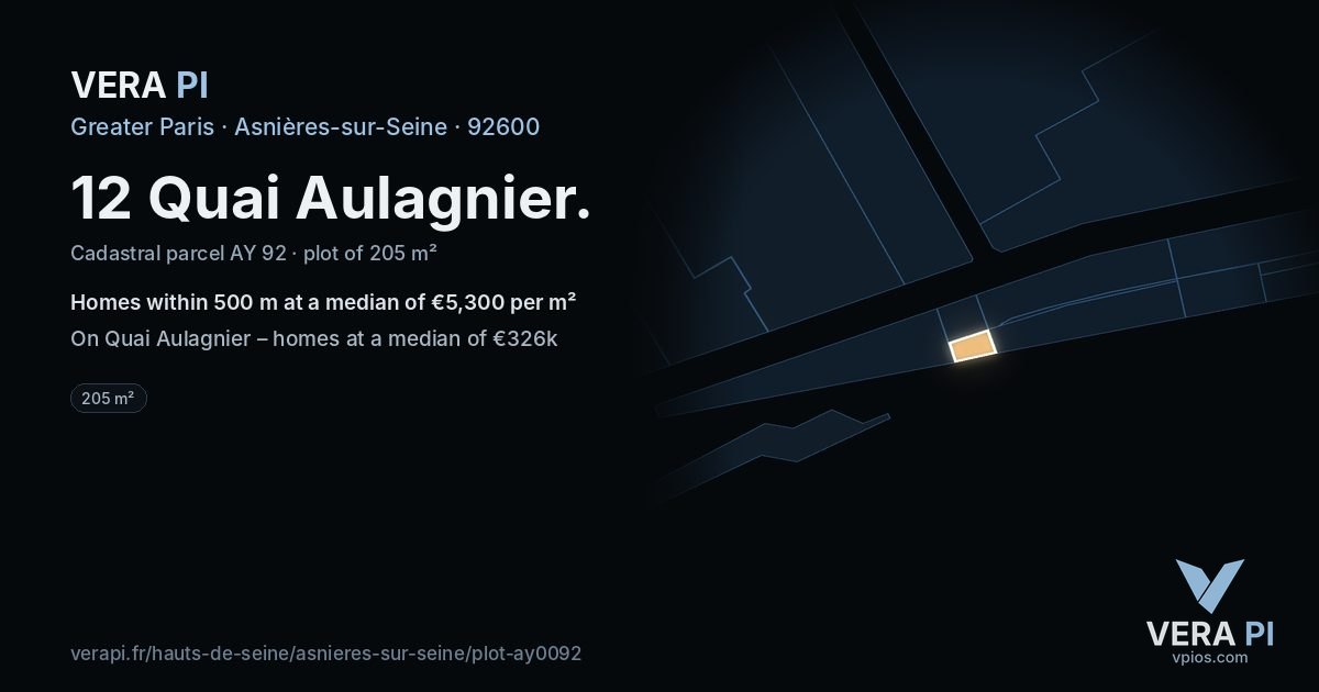 12 Quai Aulagnier, Asnières-sur-Seine at night – the plot lit, the parcels around coloured by the prices near them