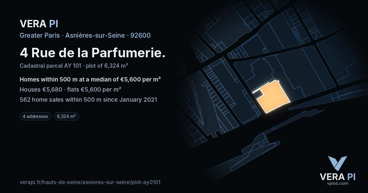 4 Rue de la Parfumerie, Asnières-sur-Seine at night – the plot lit, the parcels around coloured by the prices near them