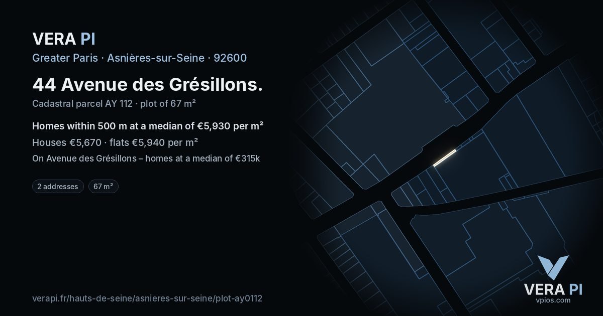 44 Avenue des Grésillons, Asnières-sur-Seine at night – the plot lit, the parcels around coloured by the prices near them