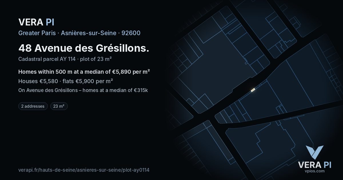 48 Avenue des Grésillons, Asnières-sur-Seine at night – the plot lit, the parcels around coloured by the prices near them