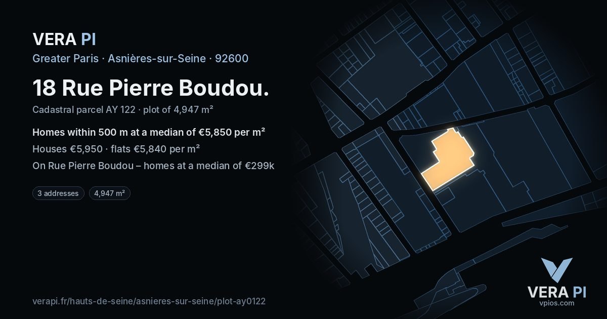 18 Rue Pierre Boudou, Asnières-sur-Seine at night – the plot lit, the parcels around coloured by the prices near them