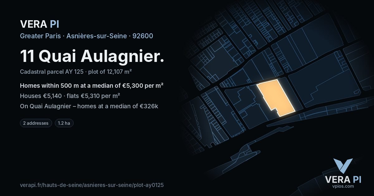 11 Quai Aulagnier, Asnières-sur-Seine at night – the plot lit, the parcels around coloured by the prices near them