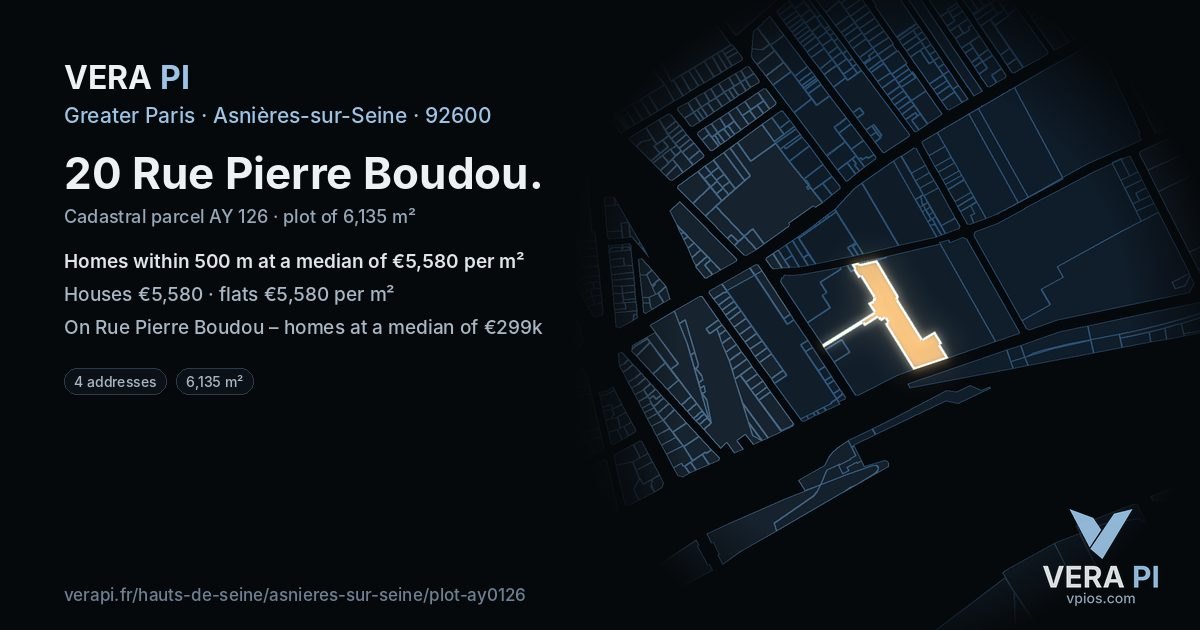 20 Rue Pierre Boudou, Asnières-sur-Seine at night – the plot lit, the parcels around coloured by the prices near them