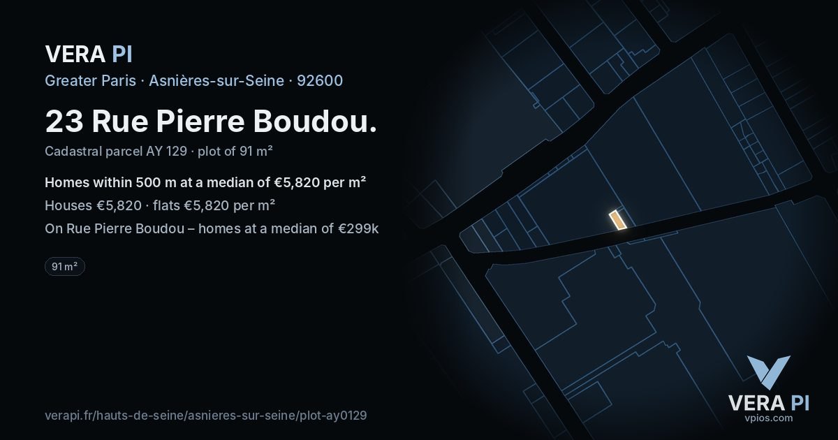 23 Rue Pierre Boudou, Asnières-sur-Seine at night – the plot lit, the parcels around coloured by the prices near them