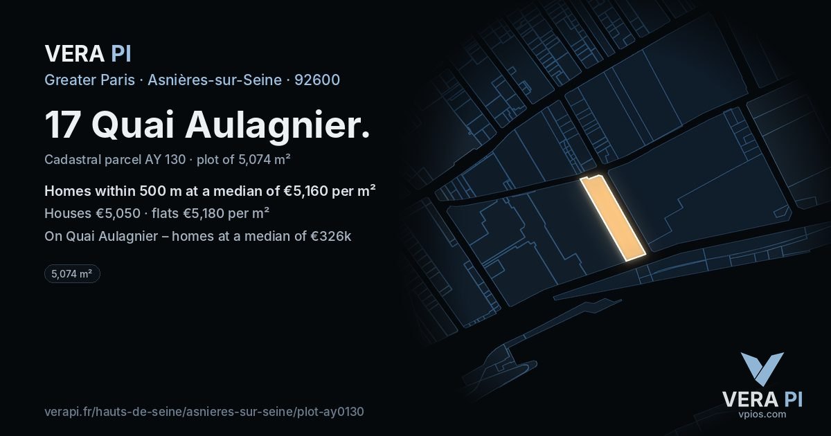 17 Quai Aulagnier, Asnières-sur-Seine at night – the plot lit, the parcels around coloured by the prices near them
