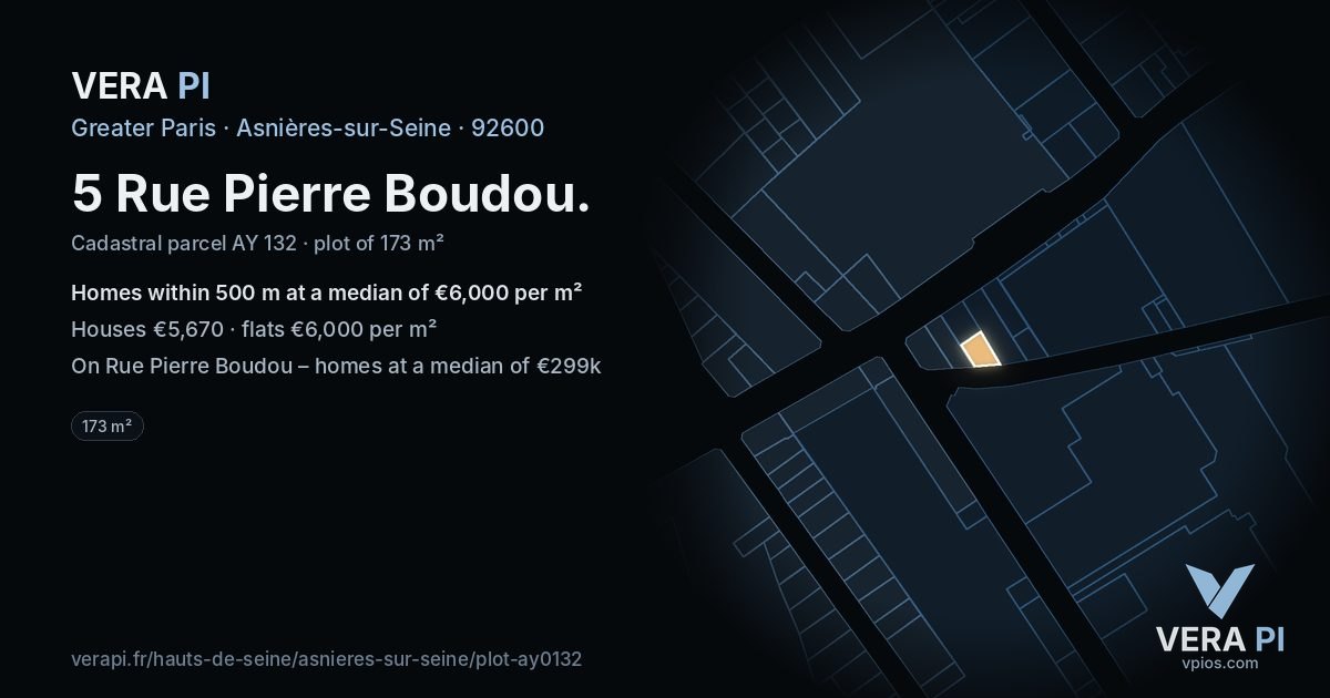 5 Rue Pierre Boudou, Asnières-sur-Seine at night – the plot lit, the parcels around coloured by the prices near them