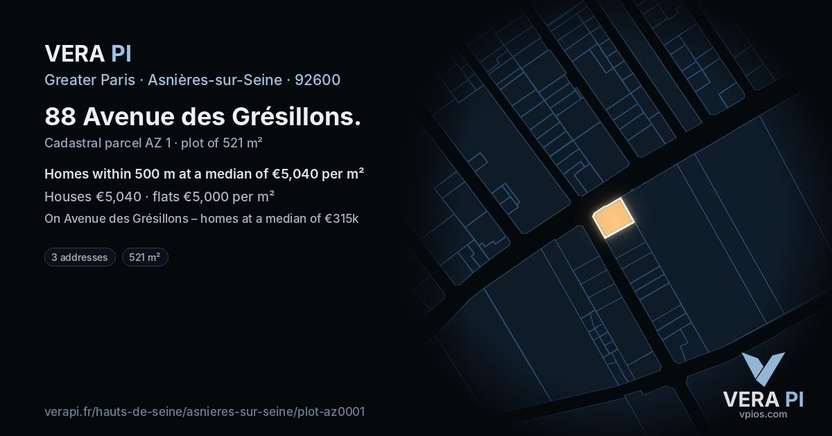 88 Avenue des Grésillons, Asnières-sur-Seine at night – the plot lit, the parcels around coloured by the prices near them