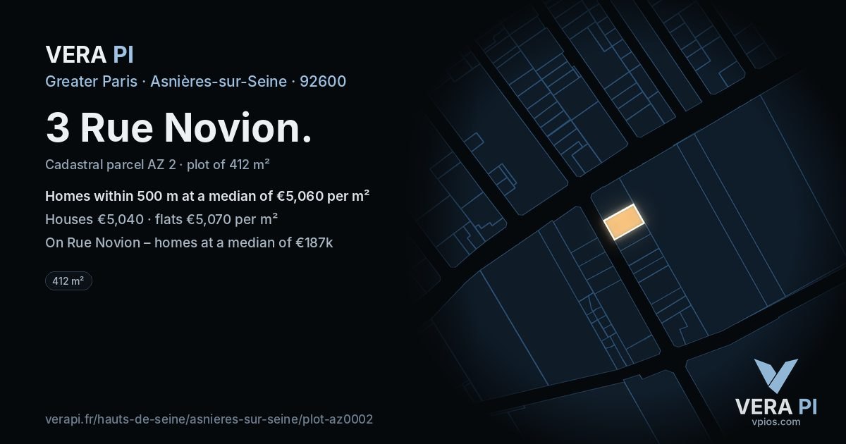 3 Rue Novion, Asnières-sur-Seine at night – the plot lit, the parcels around coloured by the prices near them