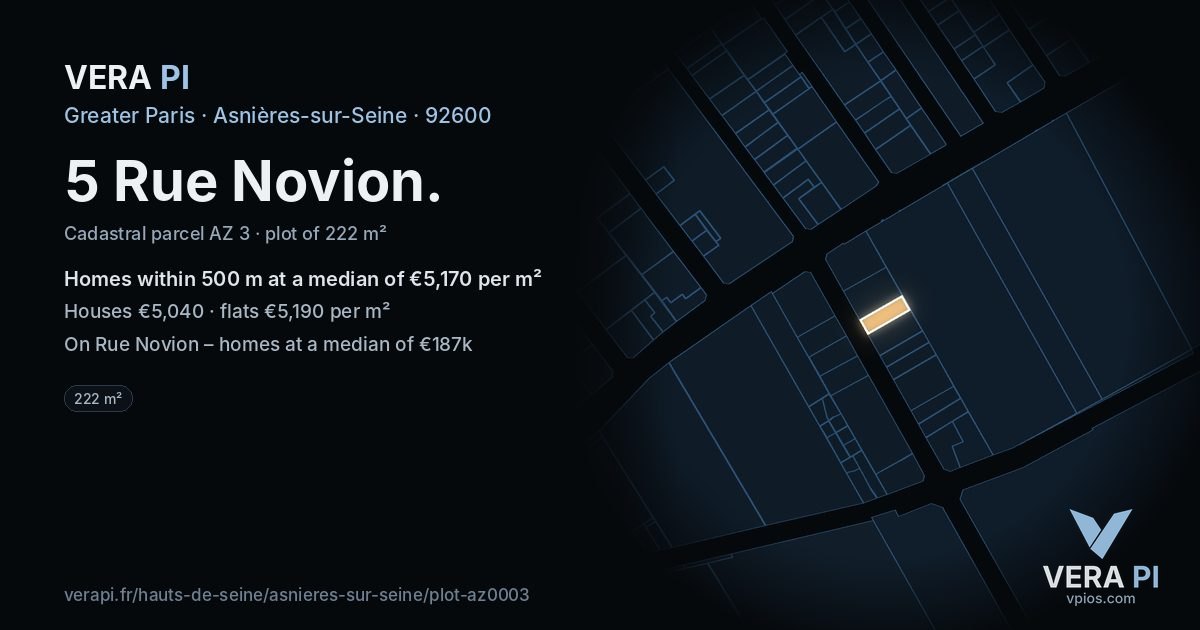 5 Rue Novion, Asnières-sur-Seine at night – the plot lit, the parcels around coloured by the prices near them