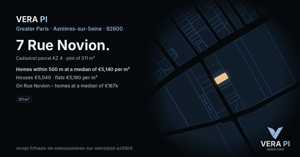 7 Rue Novion, Asnières-sur-Seine at night – the plot lit, the parcels around coloured by the prices near them