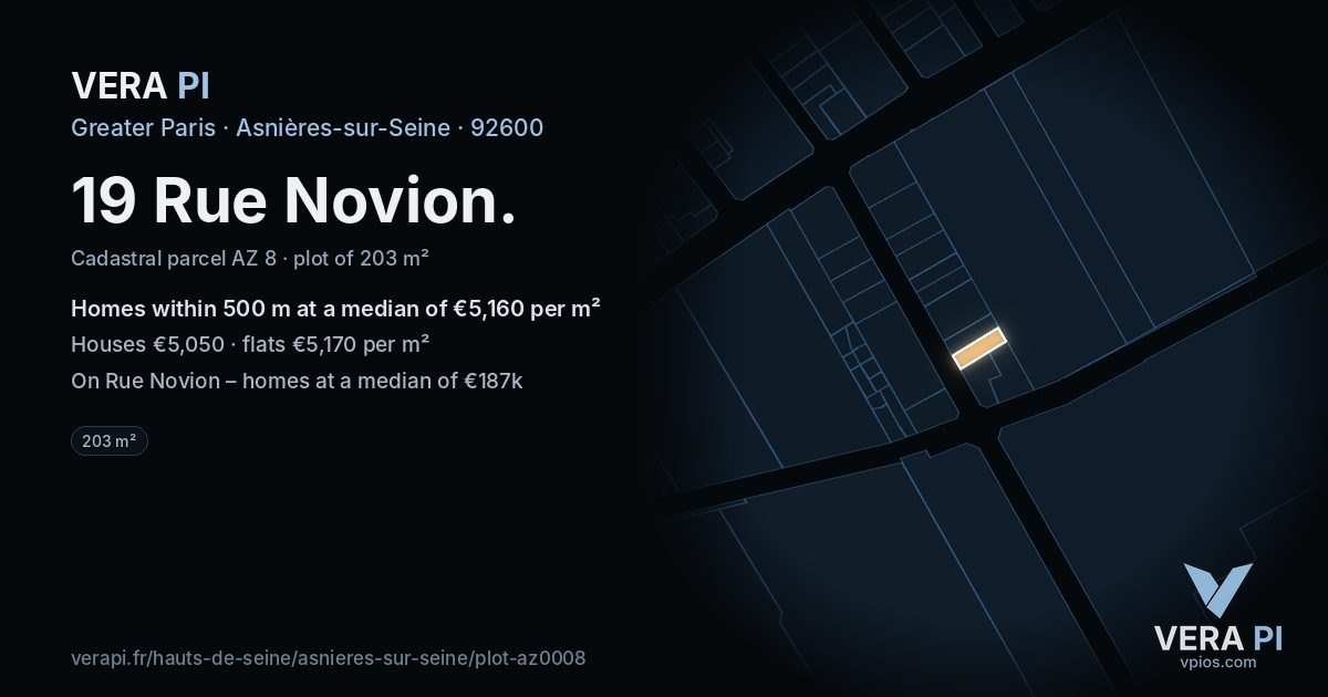 19 Rue Novion, Asnières-sur-Seine at night – the plot lit, the parcels around coloured by the prices near them