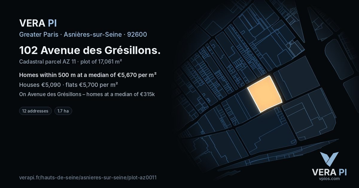 102 Avenue des Grésillons, Asnières-sur-Seine at night – the plot lit, the parcels around coloured by the prices near them
