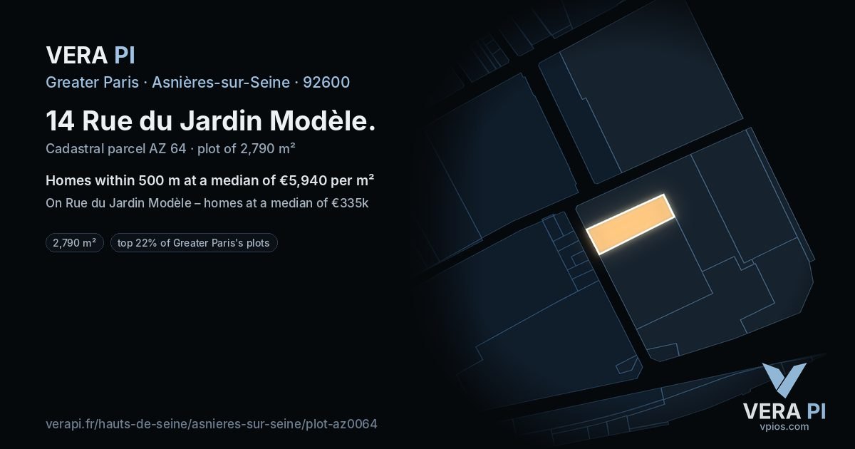 14 Rue du Jardin Modèle, Asnières-sur-Seine at night – the plot lit, the parcels around coloured by the prices near them