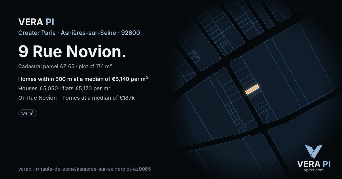9 Rue Novion, Asnières-sur-Seine at night – the plot lit, the parcels around coloured by the prices near them
