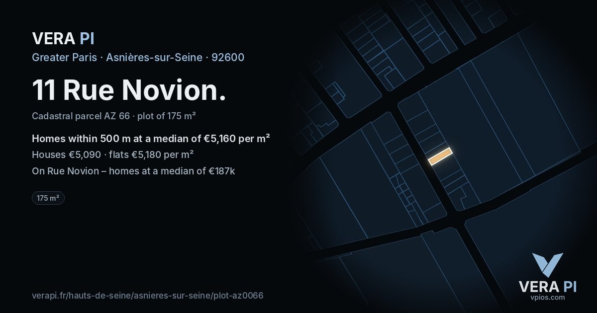 11 Rue Novion, Asnières-sur-Seine at night – the plot lit, the parcels around coloured by the prices near them