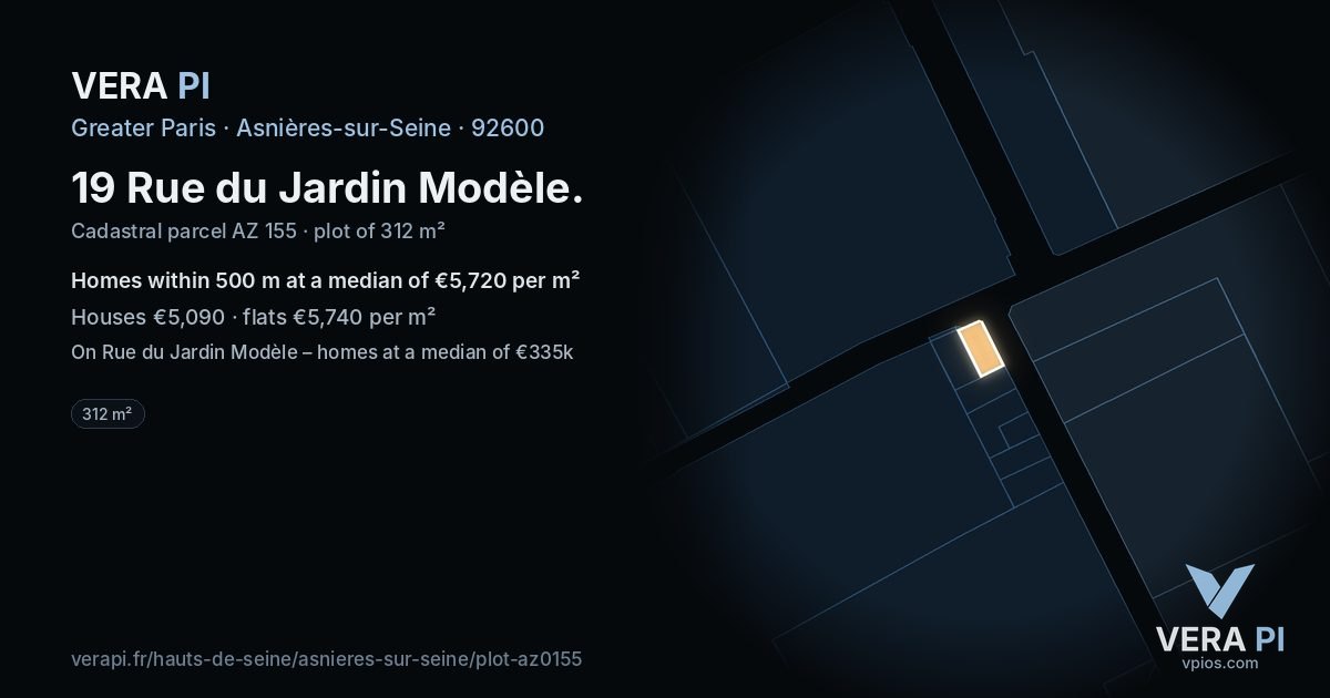 19 Rue du Jardin Modèle, Asnières-sur-Seine at night – the plot lit, the parcels around coloured by the prices near them