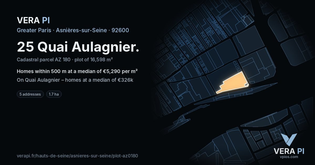 25 Quai Aulagnier, Asnières-sur-Seine at night – the plot lit, the parcels around coloured by the prices near them
