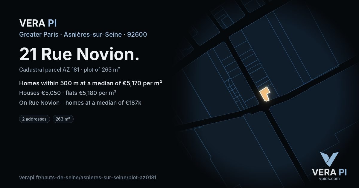 21 Rue Novion, Asnières-sur-Seine at night – the plot lit, the parcels around coloured by the prices near them
