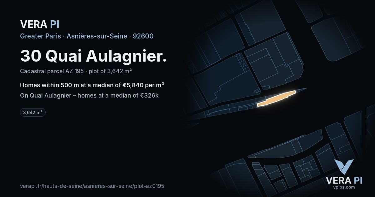 30 Quai Aulagnier, Asnières-sur-Seine at night – the plot lit, the parcels around coloured by the prices near them
