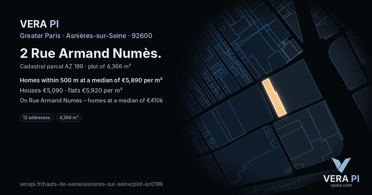 2 Rue Armand Numès, Asnières-sur-Seine at night – the plot lit, the parcels around coloured by the prices near them