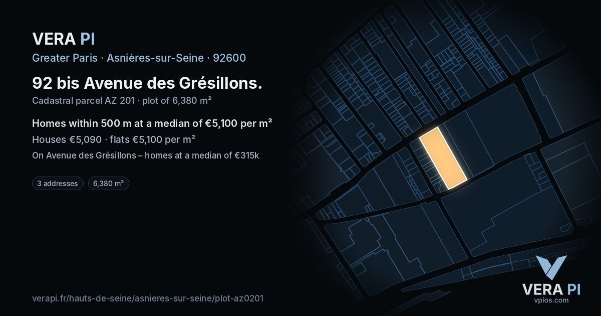 92 bis Avenue des Grésillons, Asnières-sur-Seine at night – the plot lit, the parcels around coloured by the prices near them