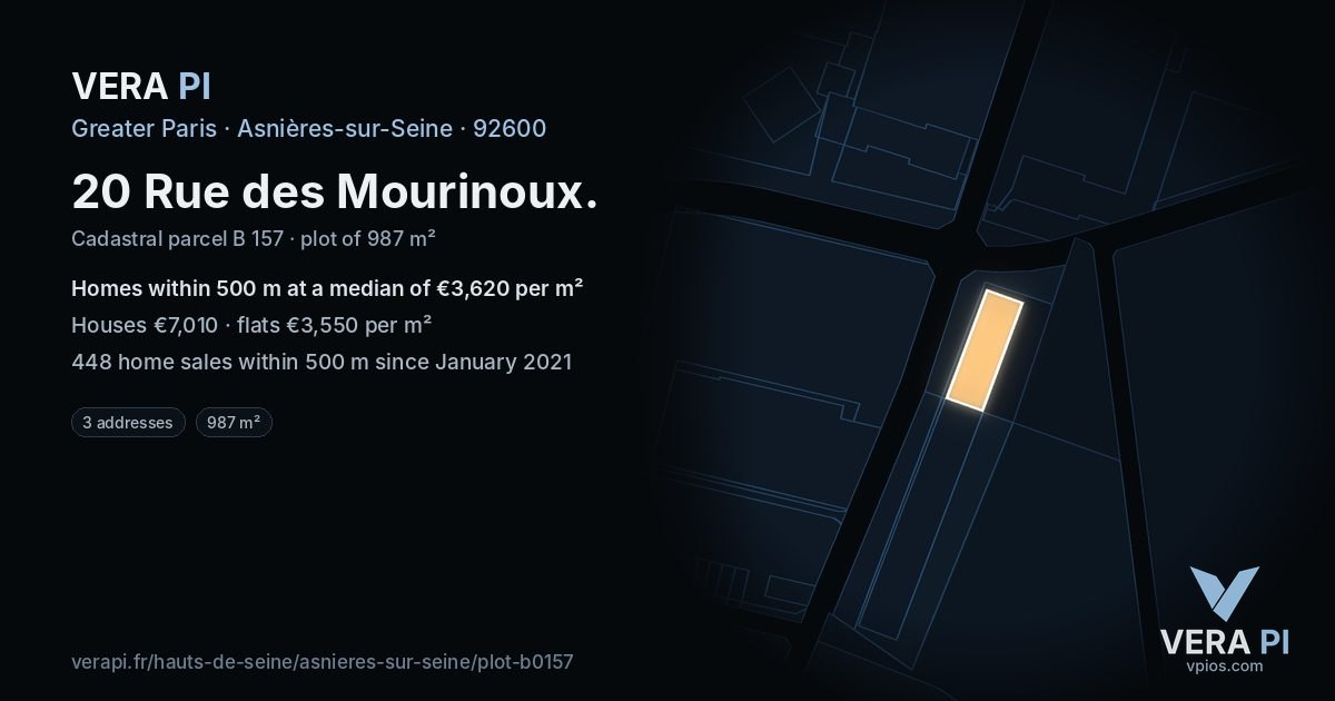 20 Rue des Mourinoux, Asnières-sur-Seine at night – the plot lit, the parcels around coloured by the prices near them
