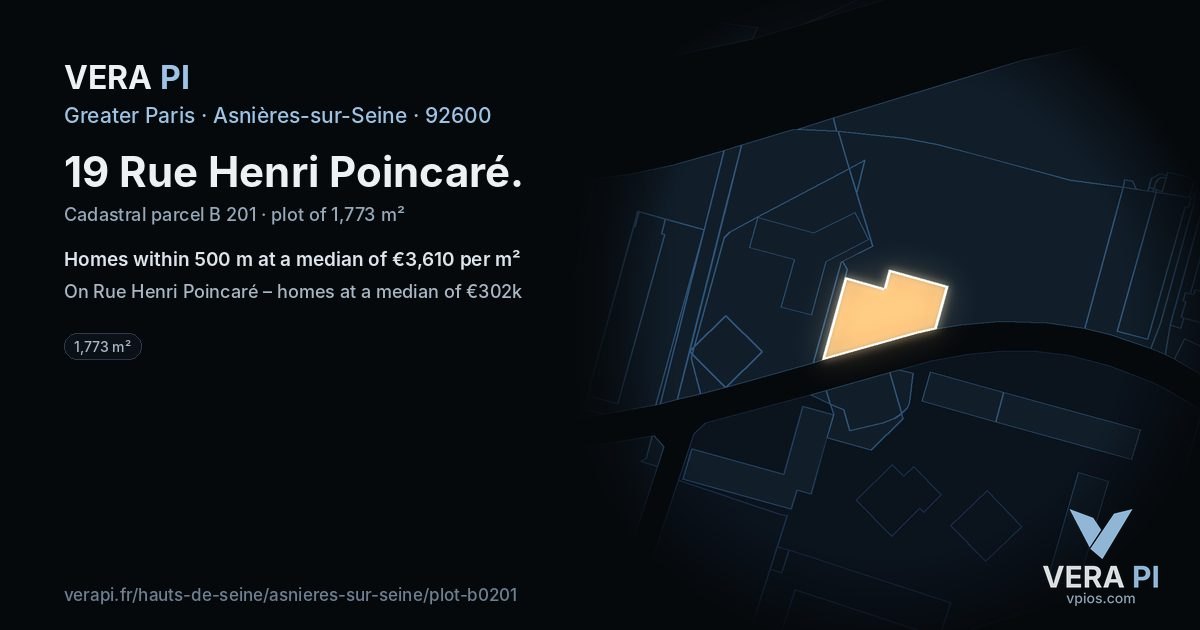 19 Rue Henri Poincaré, Asnières-sur-Seine at night – the plot lit, the parcels around coloured by the prices near them