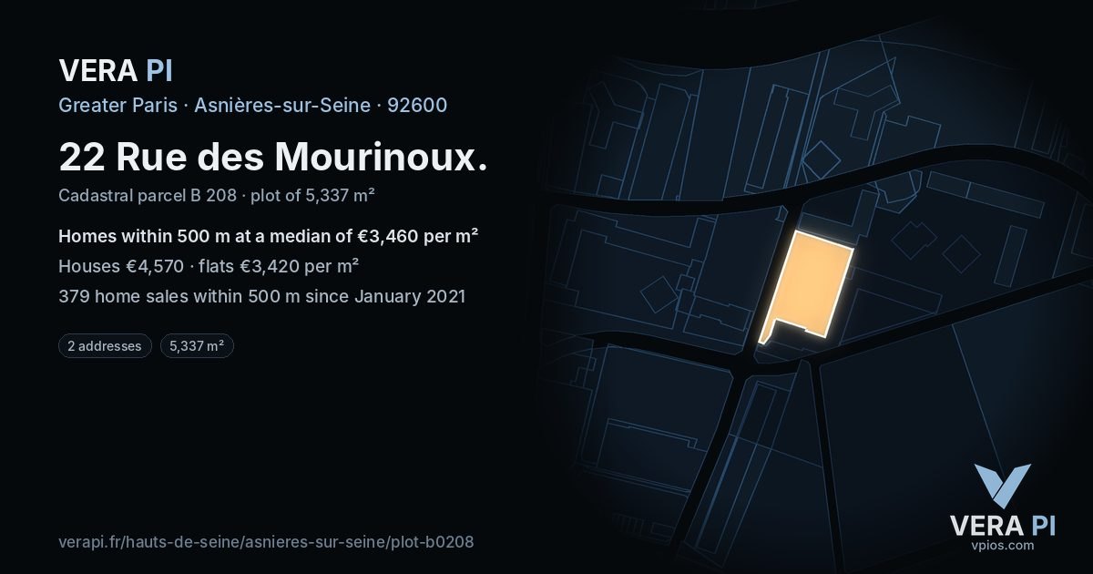 22 Rue des Mourinoux, Asnières-sur-Seine at night – the plot lit, the parcels around coloured by the prices near them