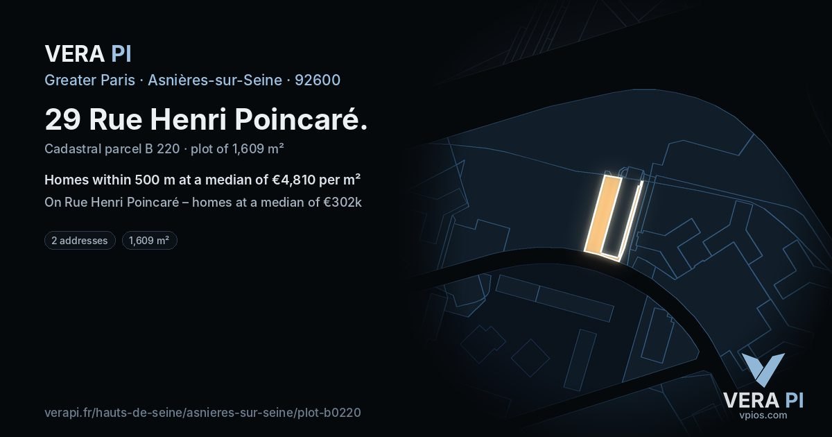 29 Rue Henri Poincaré, Asnières-sur-Seine at night – the plot lit, the parcels around coloured by the prices near them