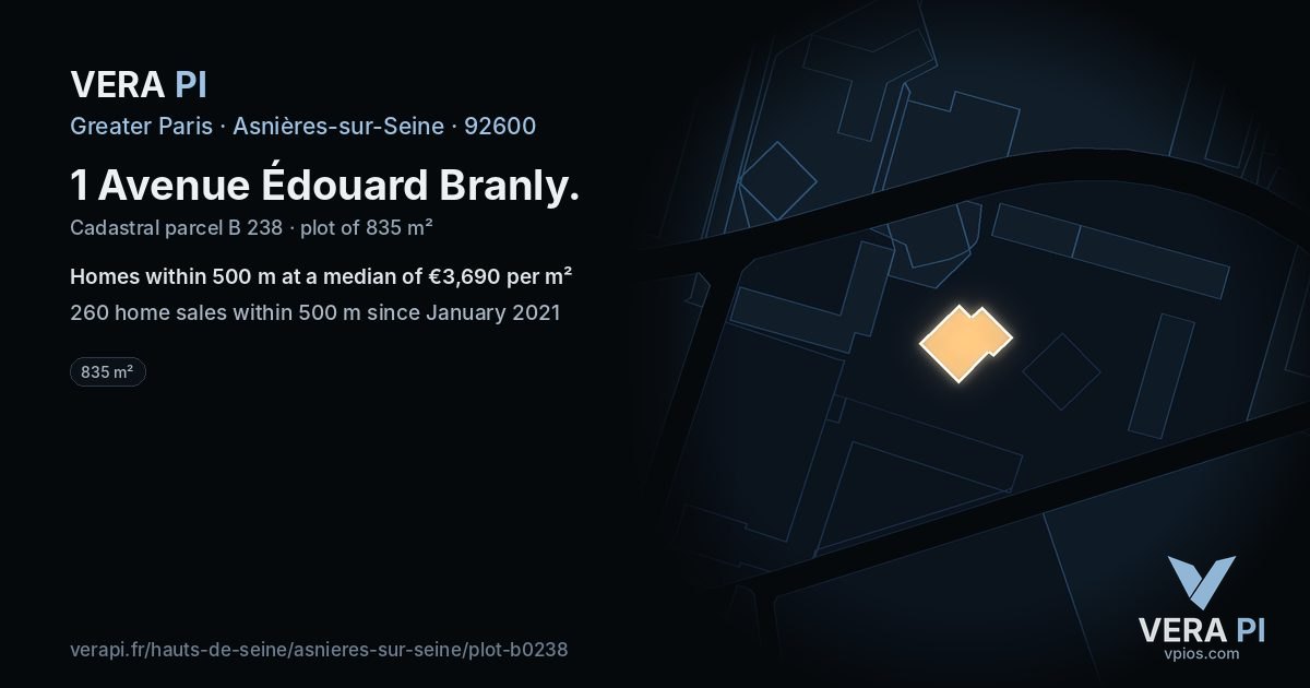 1 Avenue Édouard Branly, Asnières-sur-Seine at night – the plot lit, the parcels around coloured by the prices near them