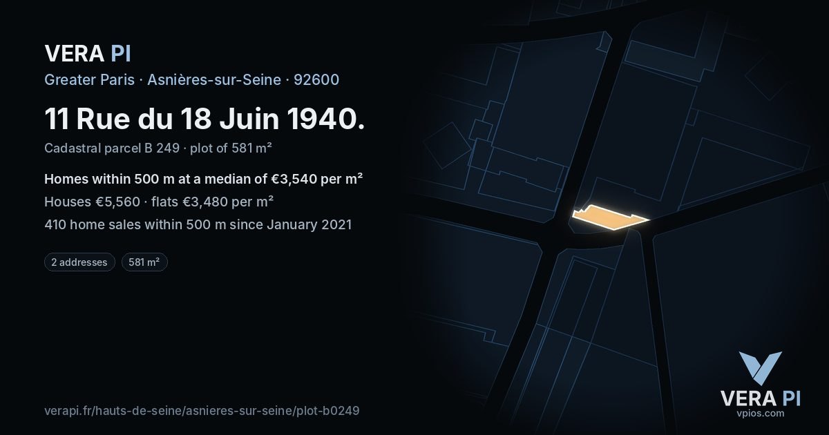 11 Rue du 18 Juin 1940, Asnières-sur-Seine at night – the plot lit, the parcels around coloured by the prices near them