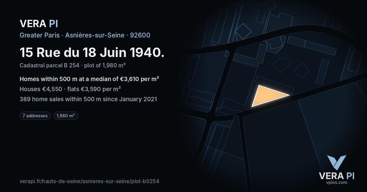 15 Rue du 18 Juin 1940, Asnières-sur-Seine at night – the plot lit, the parcels around coloured by the prices near them