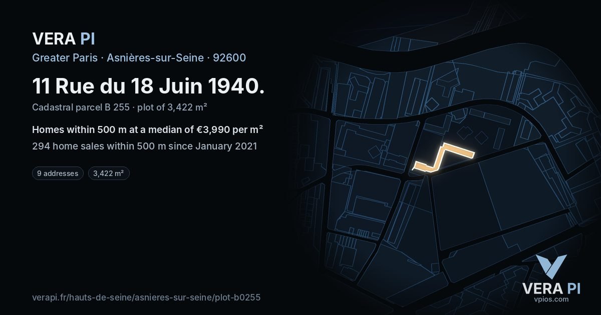 11 Rue du 18 Juin 1940, Asnières-sur-Seine at night – the plot lit, the parcels around coloured by the prices near them
