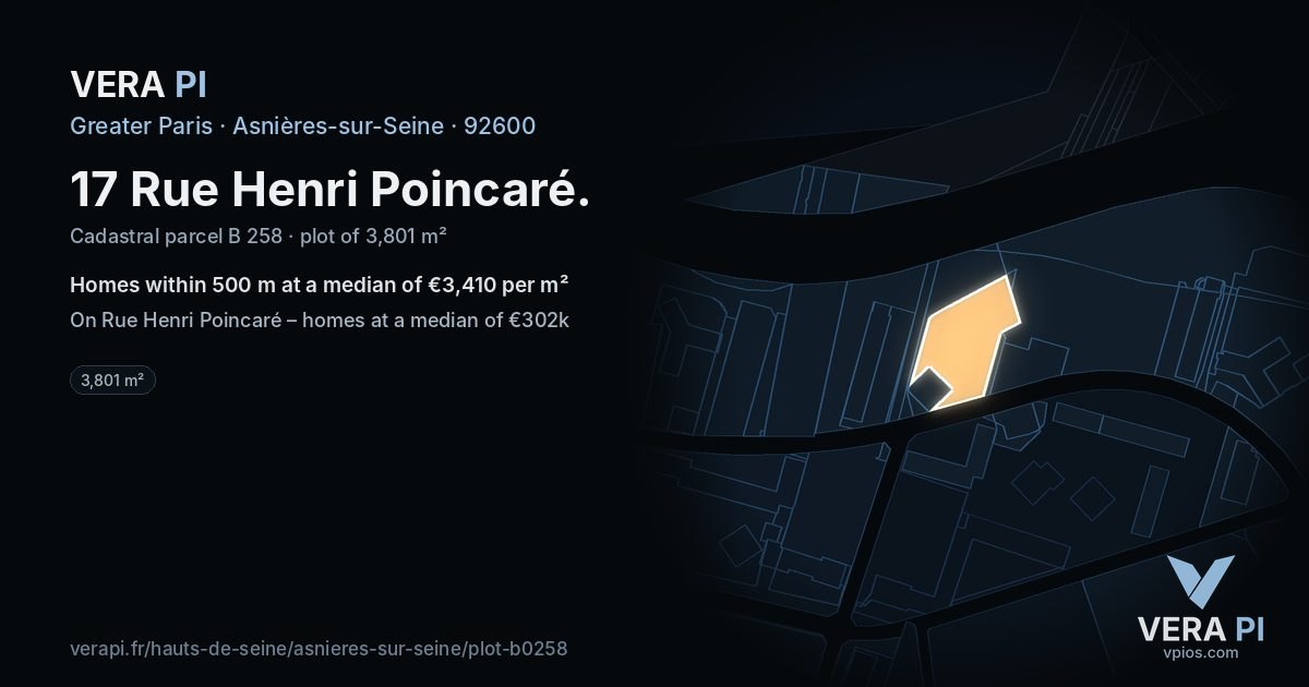 17 Rue Henri Poincaré, Asnières-sur-Seine at night – the plot lit, the parcels around coloured by the prices near them