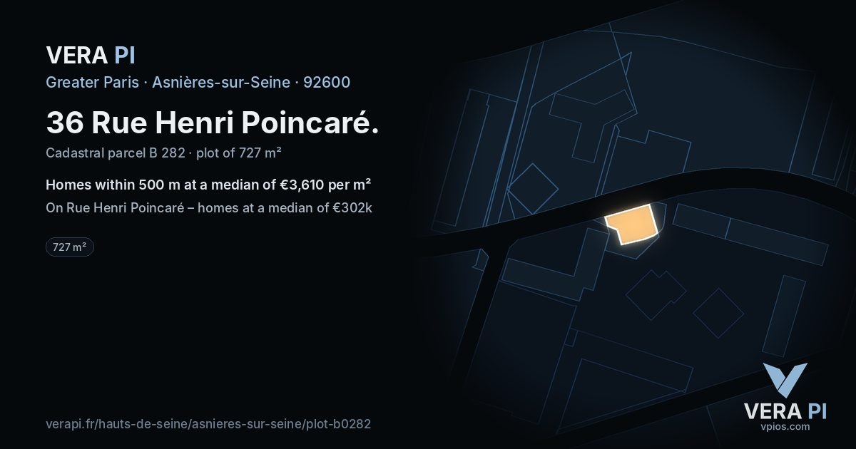 36 Rue Henri Poincaré, Asnières-sur-Seine at night – the plot lit, the parcels around coloured by the prices near them