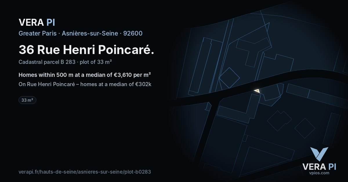 36 Rue Henri Poincaré, Asnières-sur-Seine at night – the plot lit, the parcels around coloured by the prices near them
