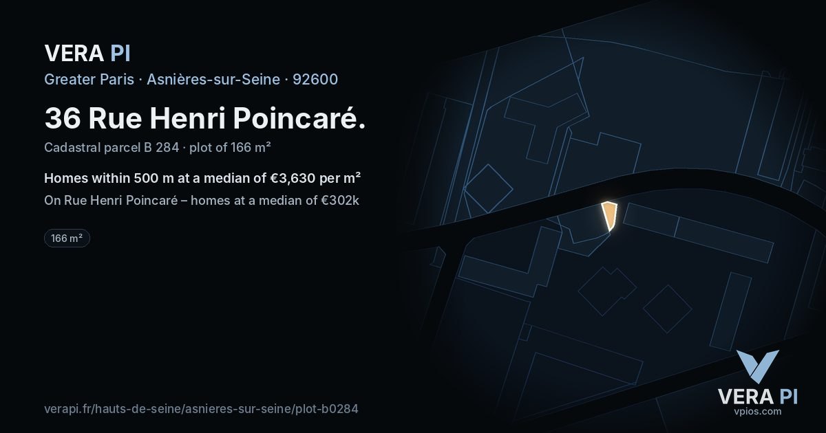 36 Rue Henri Poincaré, Asnières-sur-Seine at night – the plot lit, the parcels around coloured by the prices near them