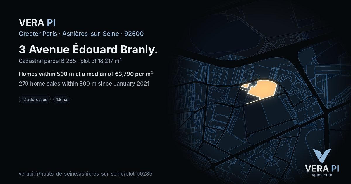 3 Avenue Édouard Branly, Asnières-sur-Seine at night – the plot lit, the parcels around coloured by the prices near them