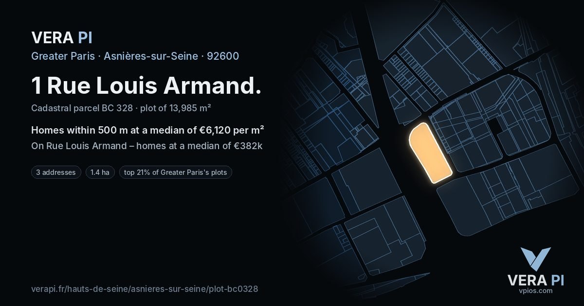 1 Rue Louis Armand, Asnières-sur-Seine at night – the plot lit, the parcels around coloured by the prices near them
