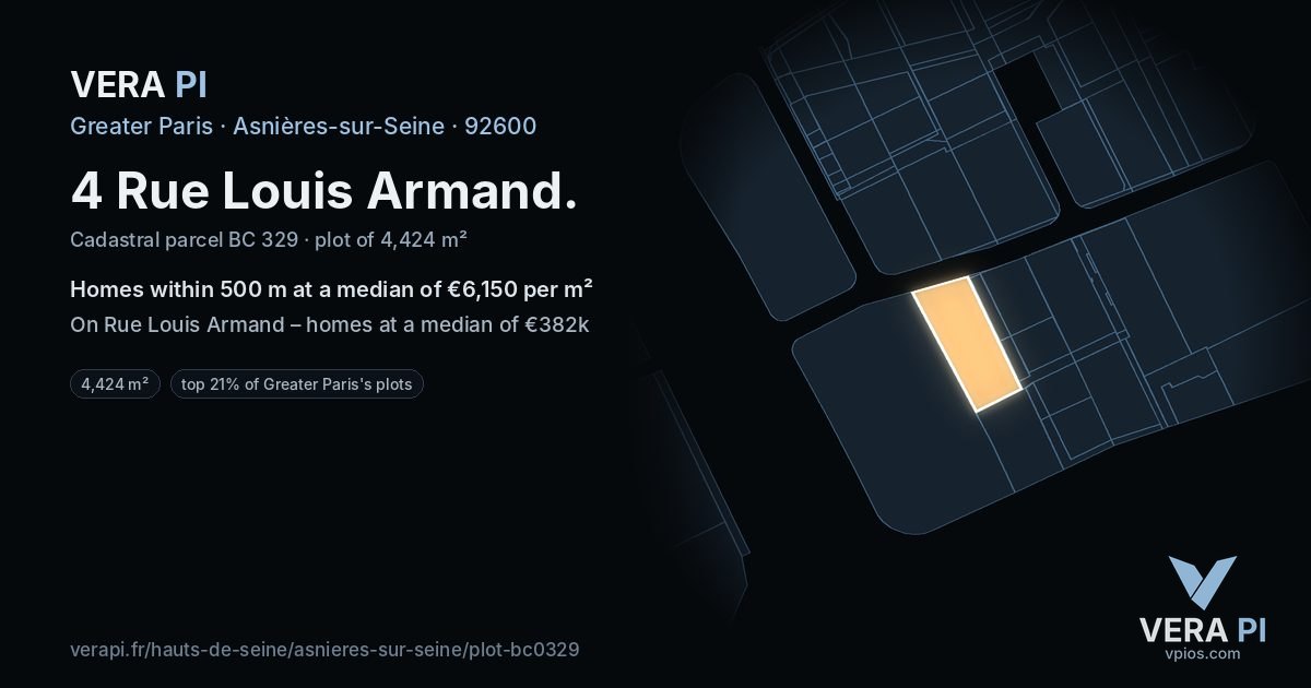 4 Rue Louis Armand, Asnières-sur-Seine at night – the plot lit, the parcels around coloured by the prices near them