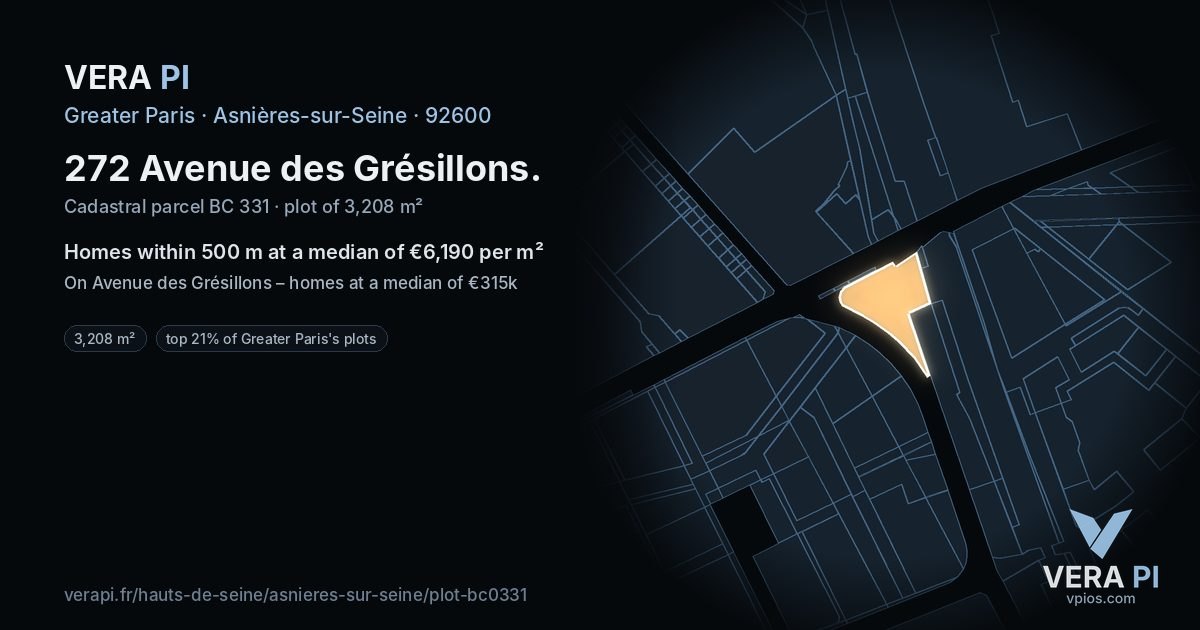 272 Avenue des Grésillons, Asnières-sur-Seine at night – the plot lit, the parcels around coloured by the prices near them