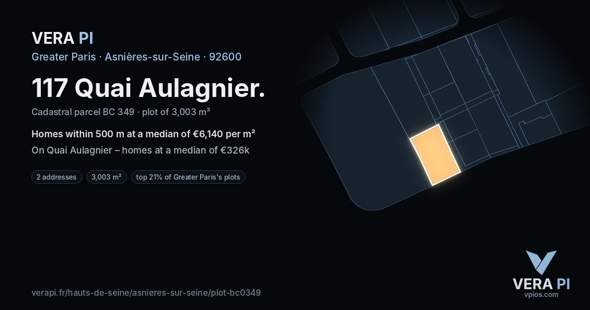117 Quai Aulagnier, Asnières-sur-Seine at night – the plot lit, the parcels around coloured by the prices near them