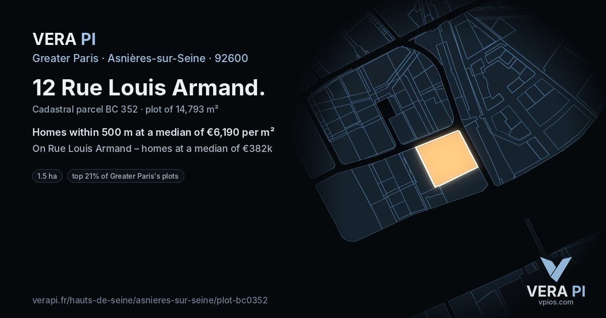 12 Rue Louis Armand, Asnières-sur-Seine at night – the plot lit, the parcels around coloured by the prices near them